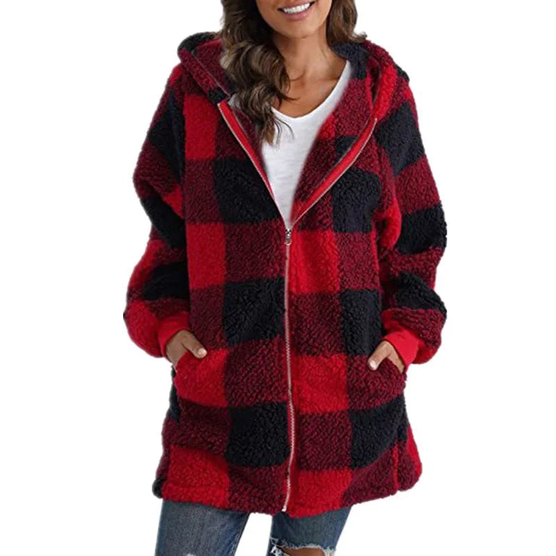 Women's check borg zip-up winter long coat with front pockets - Black