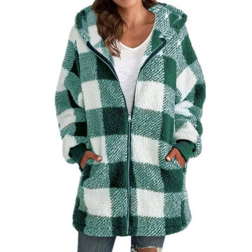 Women's check borg zip-up winter long coat with front pockets - Black