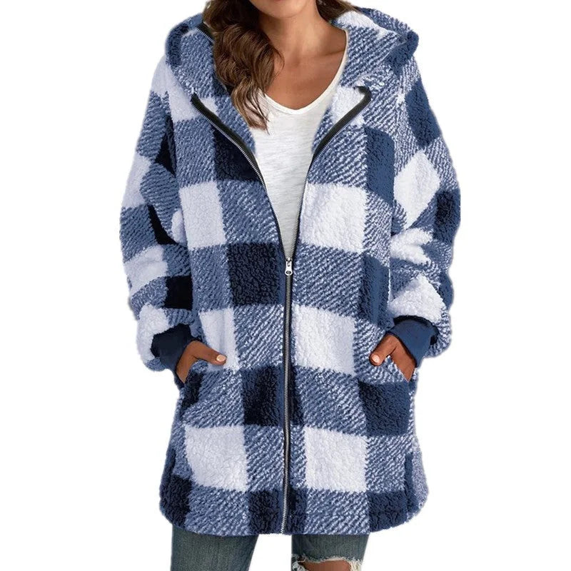 Women's check borg zip-up winter long coat with front pockets - Black