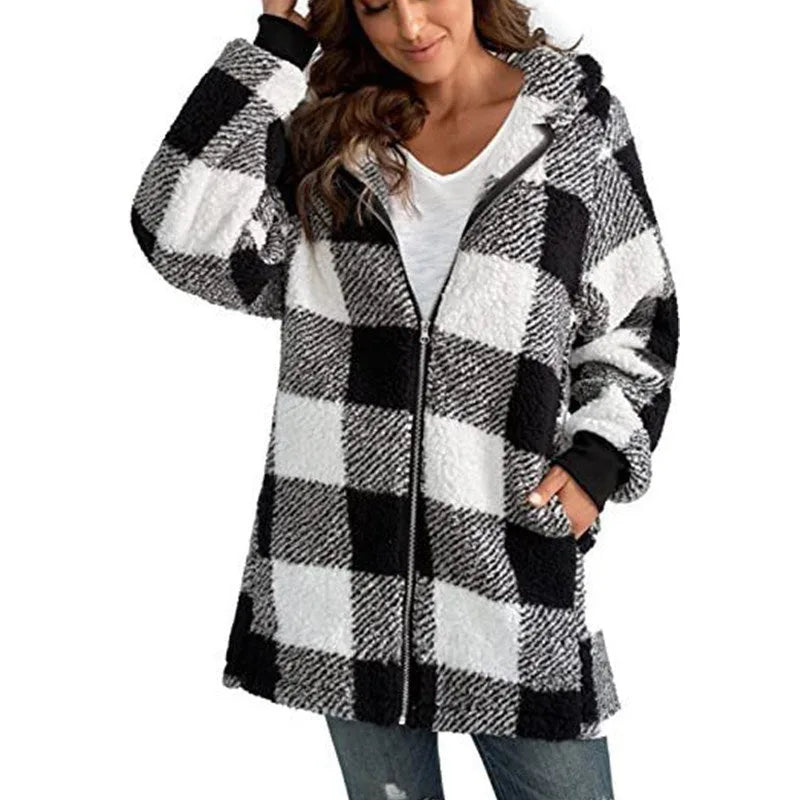 Women's check borg zip-up winter long coat with front pockets and hood