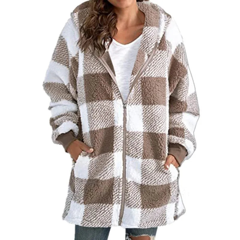 Women's check borg zip-up winter long coat with front pockets and hood