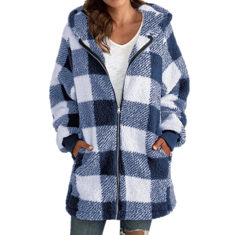 Women's check borg zip-up winter long coat with front pockets and hood