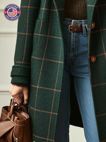 Women's check button-front notch lapel winter wool coat - Dark Green