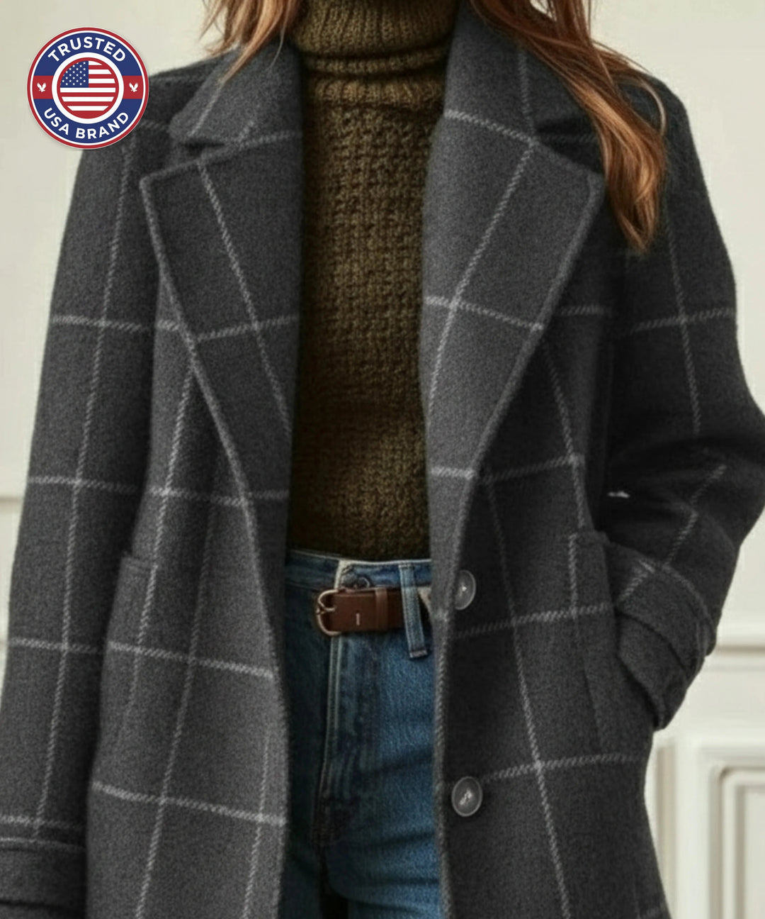 Women's check button-front notch lapel winter wool coat - Dark Green