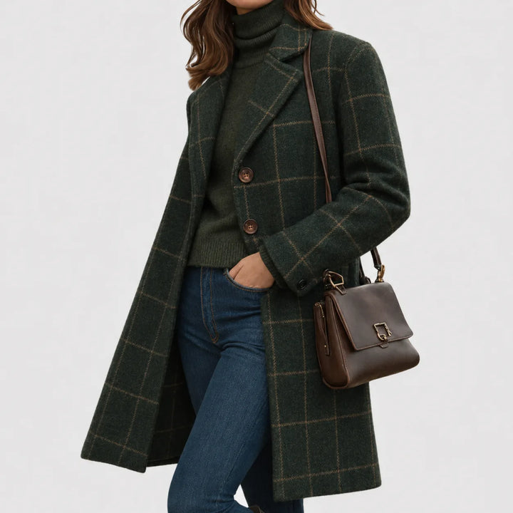 Women's check button-front notch lapel winter wool coat in green