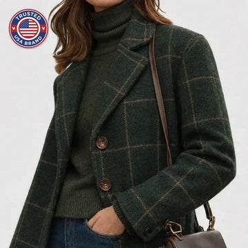 Women's check button-front notch lapel winter wool coat in green