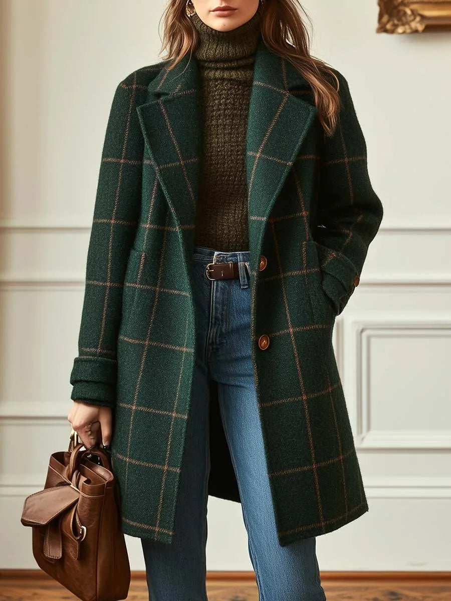 Women's check button-front notch lapel winter wool coat with side pockets