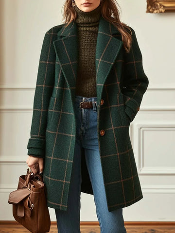 Women's check button-front notch lapel winter wool coat with side pockets