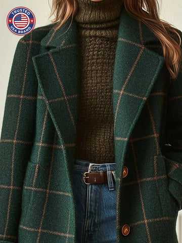 Women's check button-front notch lapel winter wool coat with side pockets
