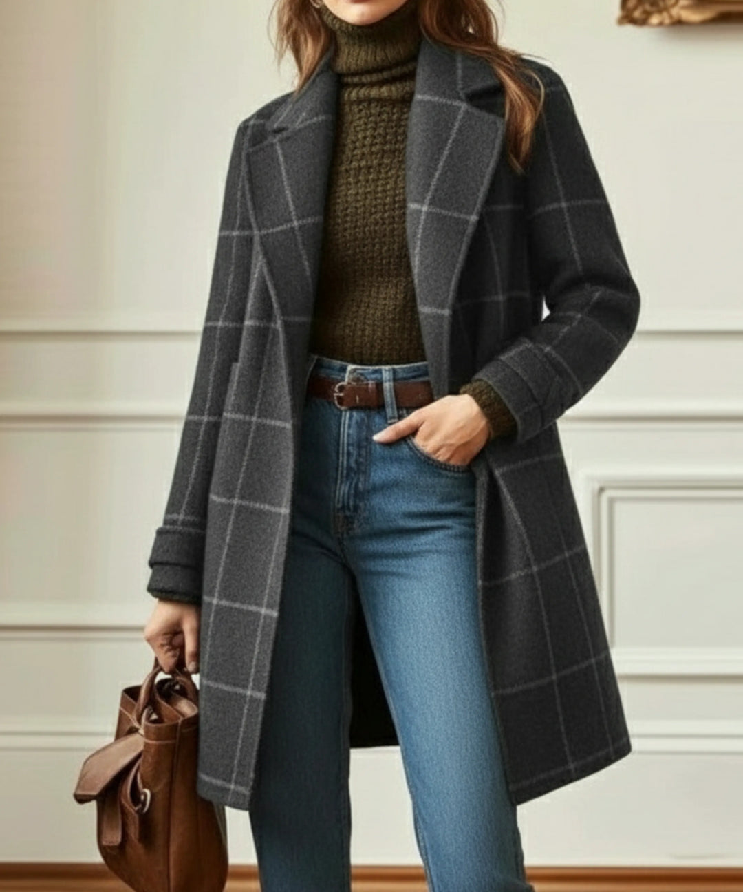 Women's check button-front notch lapel winter wool coat with side pockets