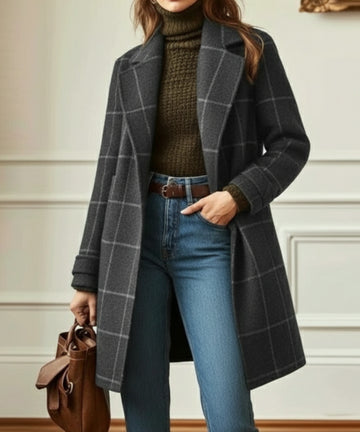 Women's check button-front notch lapel winter wool coat with side pockets