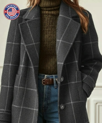 Women's check button-front notch lapel winter wool coat with side pockets