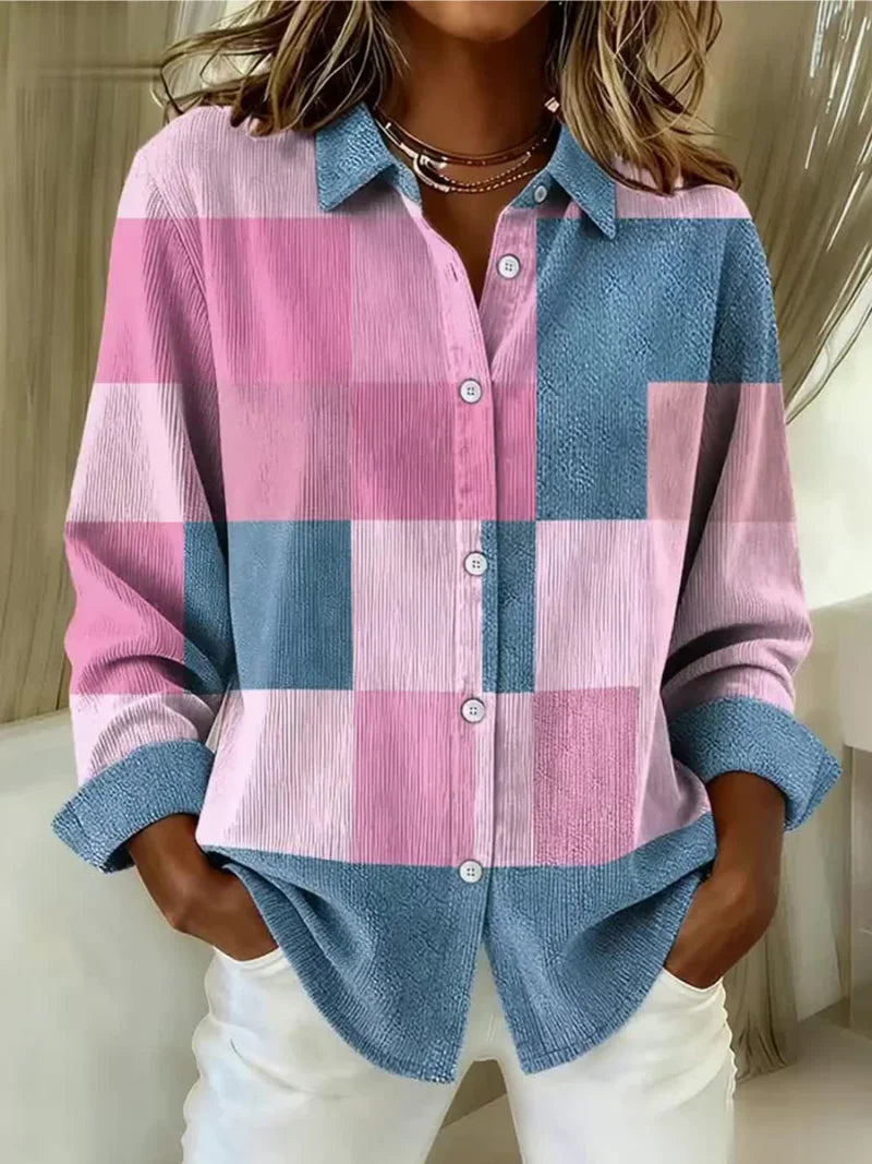 Women's check corduroy button-front winter blouse - Multicolor