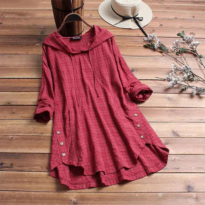 Women's check cotton winter hoodie with side buttons