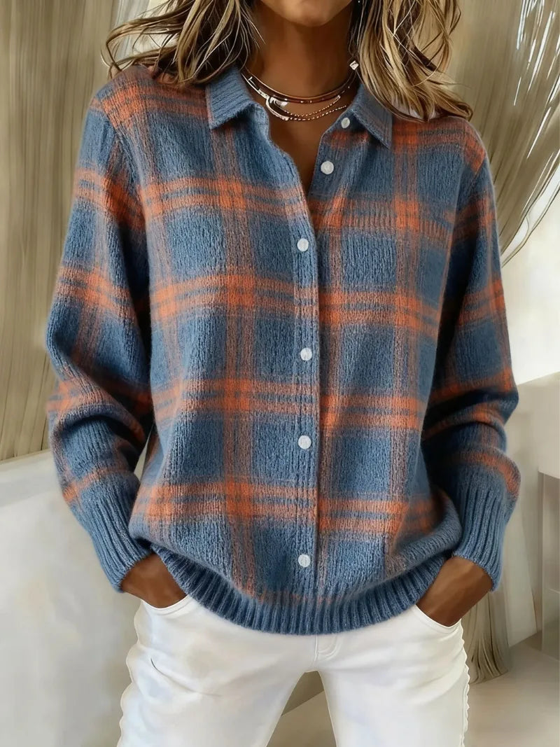 Women's check knit button-front winter cardigan in blue