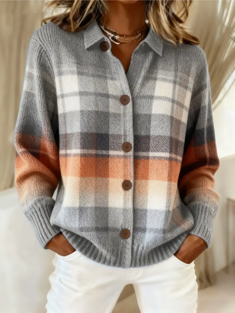 Women's check knit button-front winter cardigan in gray