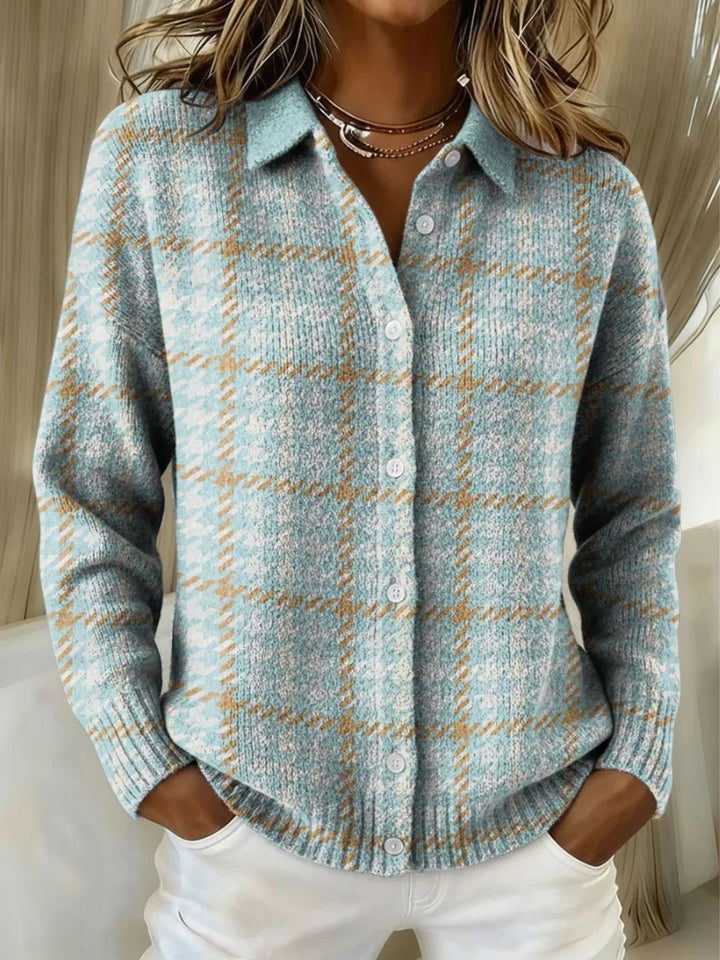 Women's check knit button-front winter cardigan with ribbed cuffs in light blue - Multicolor