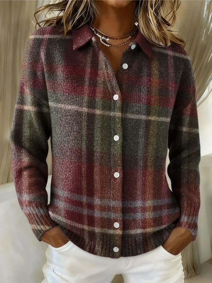 Women's check knit button-front winter cardigan with ribbed cuffs in red - Multicolor