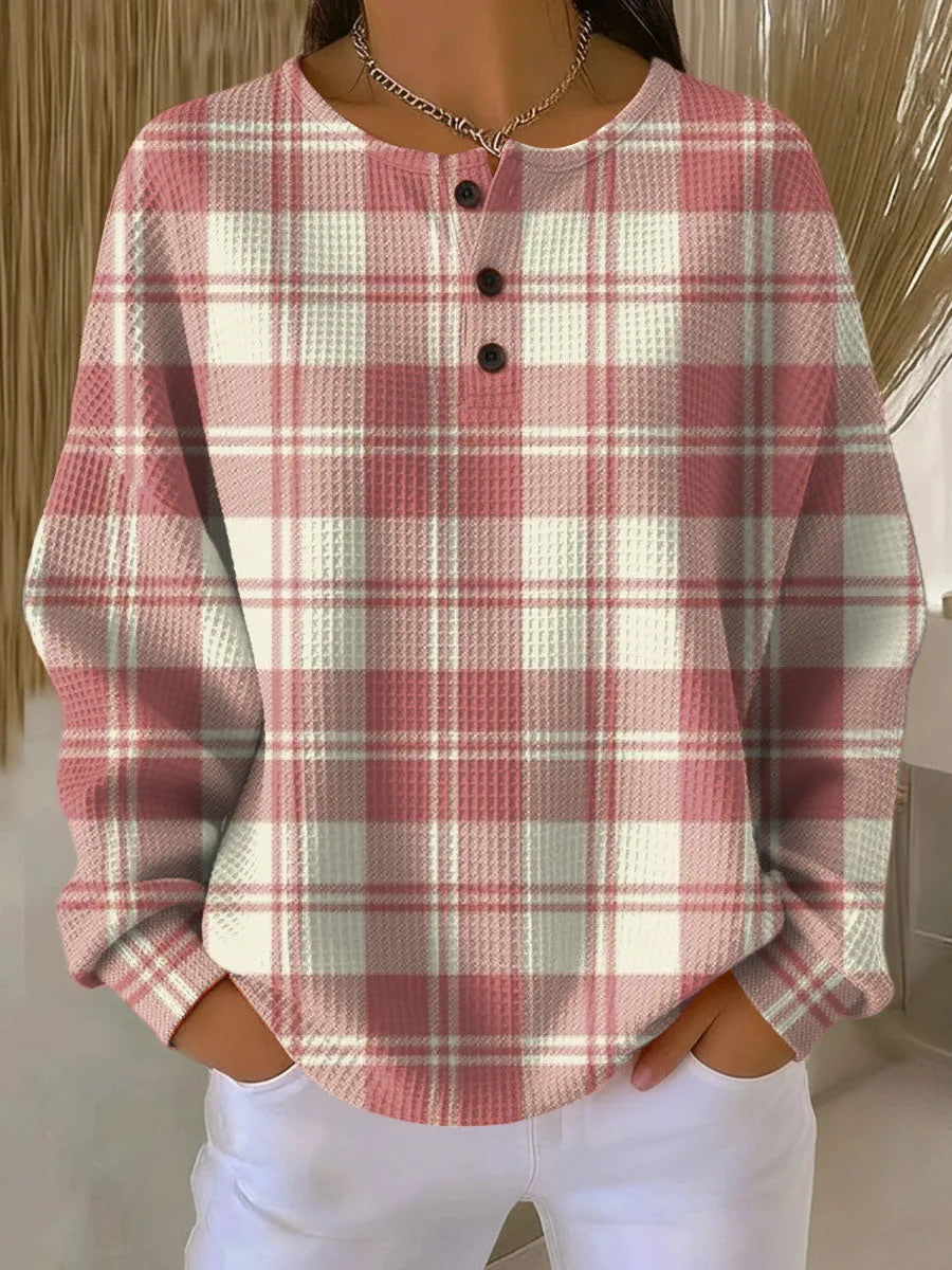 Women's check knit button-front winter top with waffle texture