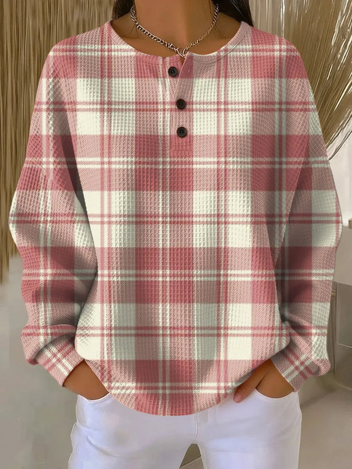 Women's check knit button-front winter top with waffle texture