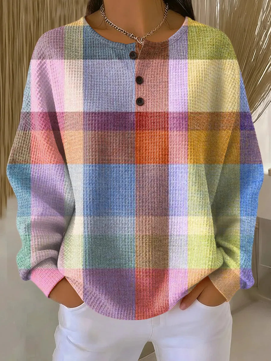 Women's check knit crew neck winter sweater with button placket