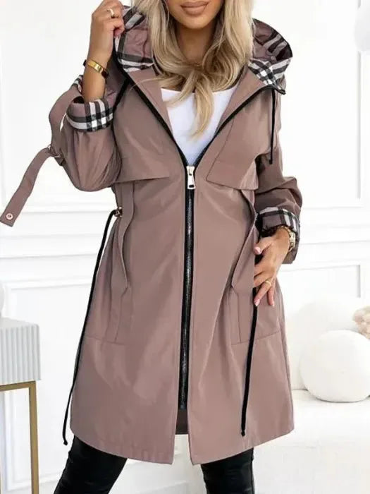 Women's check zip-up hooded waterproof winter parka