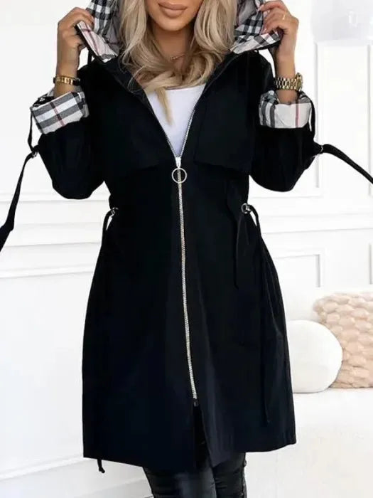 Women's check zip-up hooded waterproof winter parka