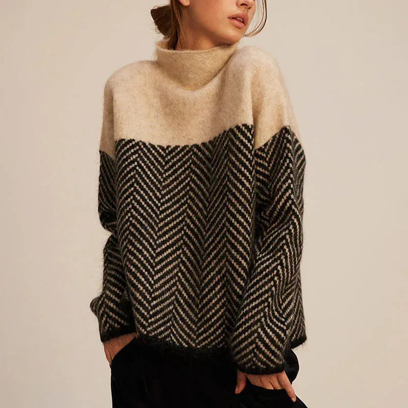 Women's colorblock knit winter roll neck sweater with chevron pattern