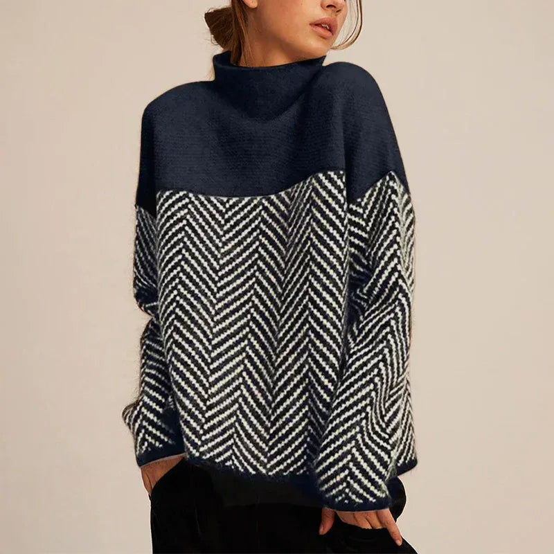 Women's colorblock knit winter roll neck sweater with chevron pattern