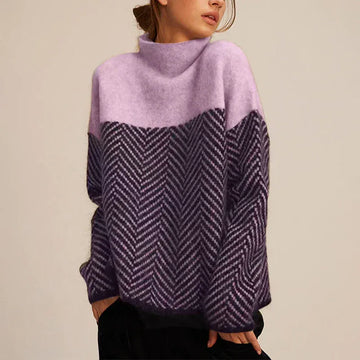 Women's colorblock knit winter roll neck sweater with chevron pattern
