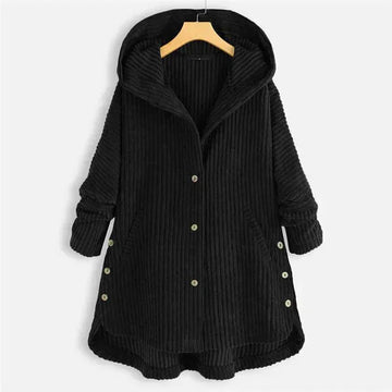 Women's corduroy button-front hooded winter cardigan with high-low hem - Black