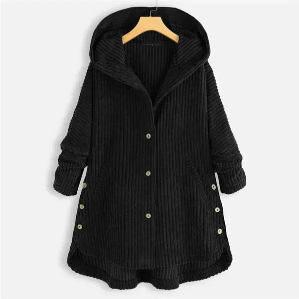Women's corduroy button-front hooded winter cardigan with high-low hem - Black
