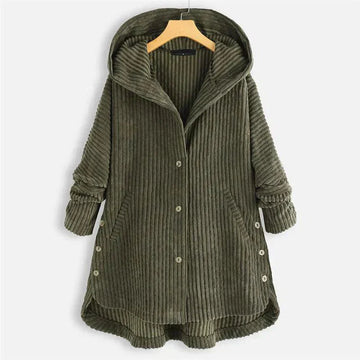 Women's corduroy button-front hooded winter cardigan with high-low hem - Black
