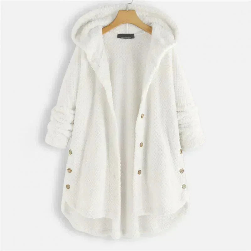 Women's corduroy button-front hooded winter cardigan with high-low hem - Black