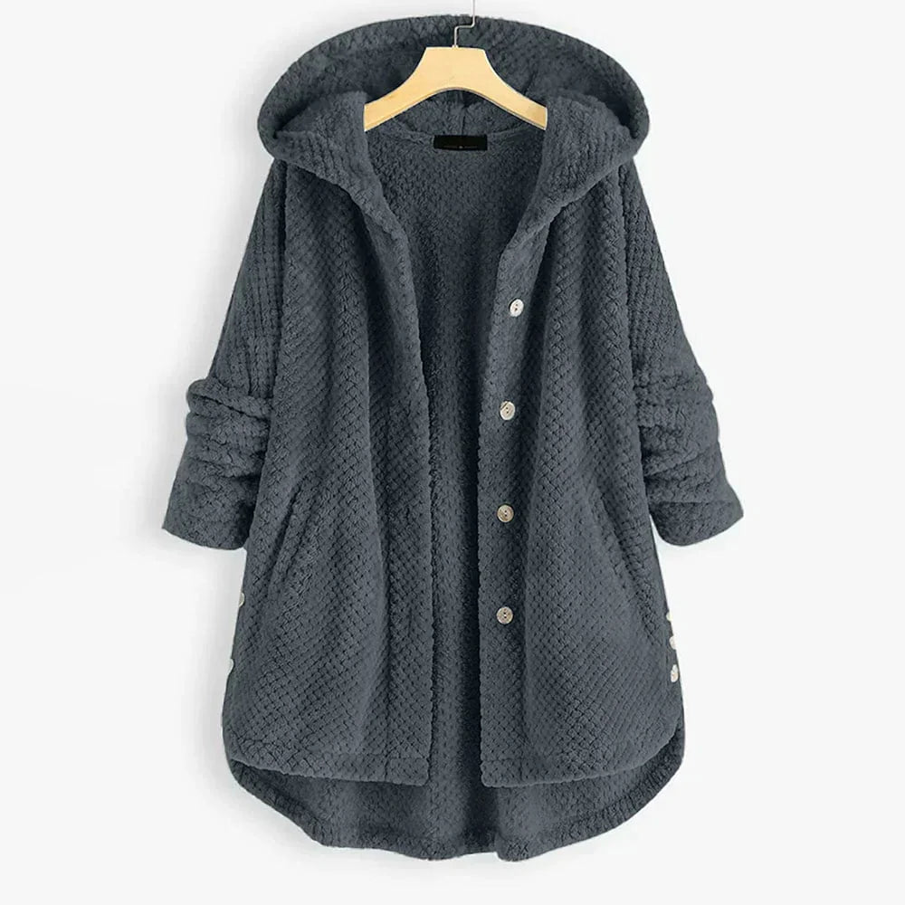 Women's corduroy button-front hooded winter cardigan with high-low hem - Black