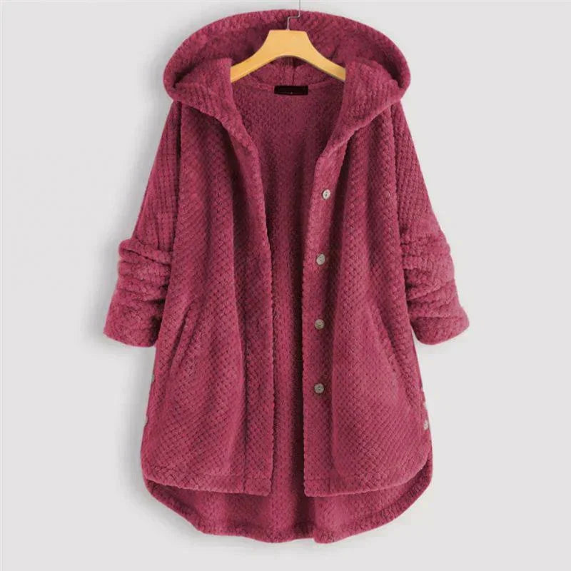 Women's corduroy button-front hooded winter cardigan with high-low hem - Black
