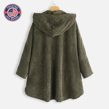 Women's corduroy button-front hooded winter cardigan with high-low hem - Black