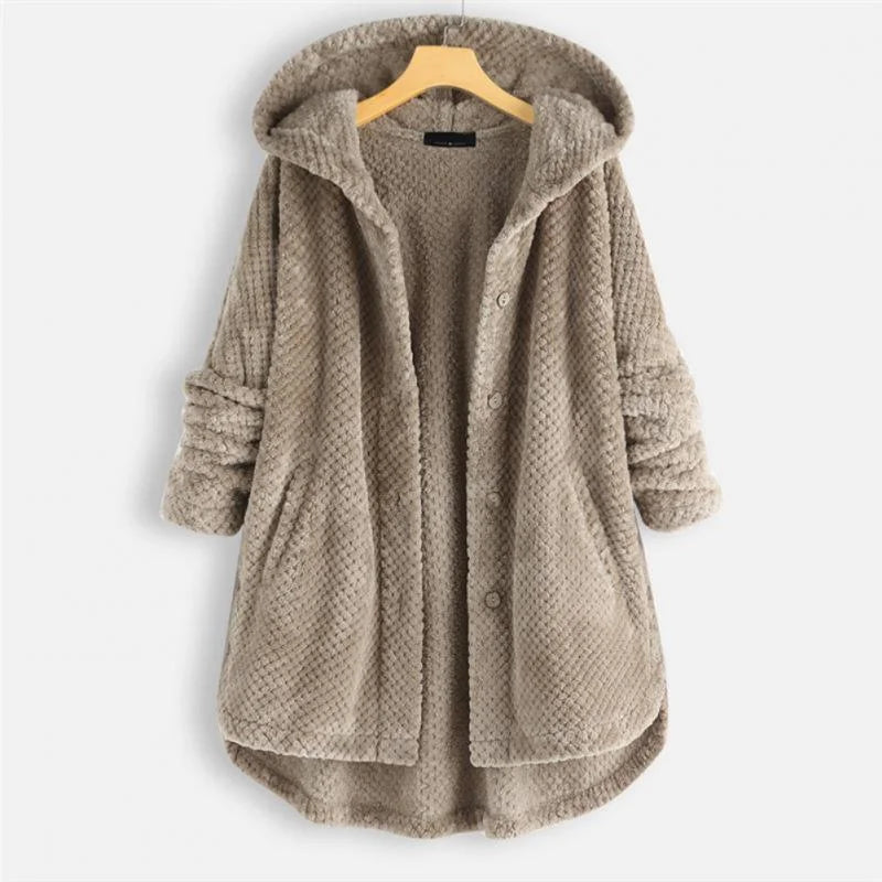Women's corduroy button-front hooded winter cardigan with high-low hem - Black