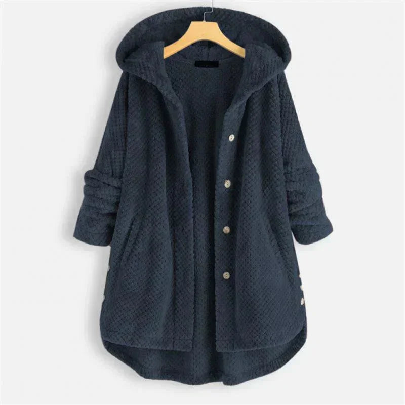 Women's corduroy button-front hooded winter cardigan with high-low hem - Black