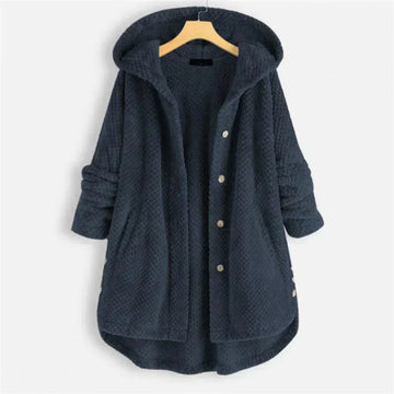 Women's corduroy button-front hooded winter cardigan with high-low hem - Black