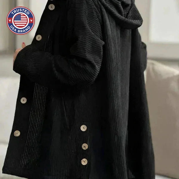 Women's corduroy button-front hooded winter cardigan with high-low hem - Black