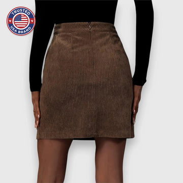 Women's corduroy side zip mini winter skirt with front slit - Brown