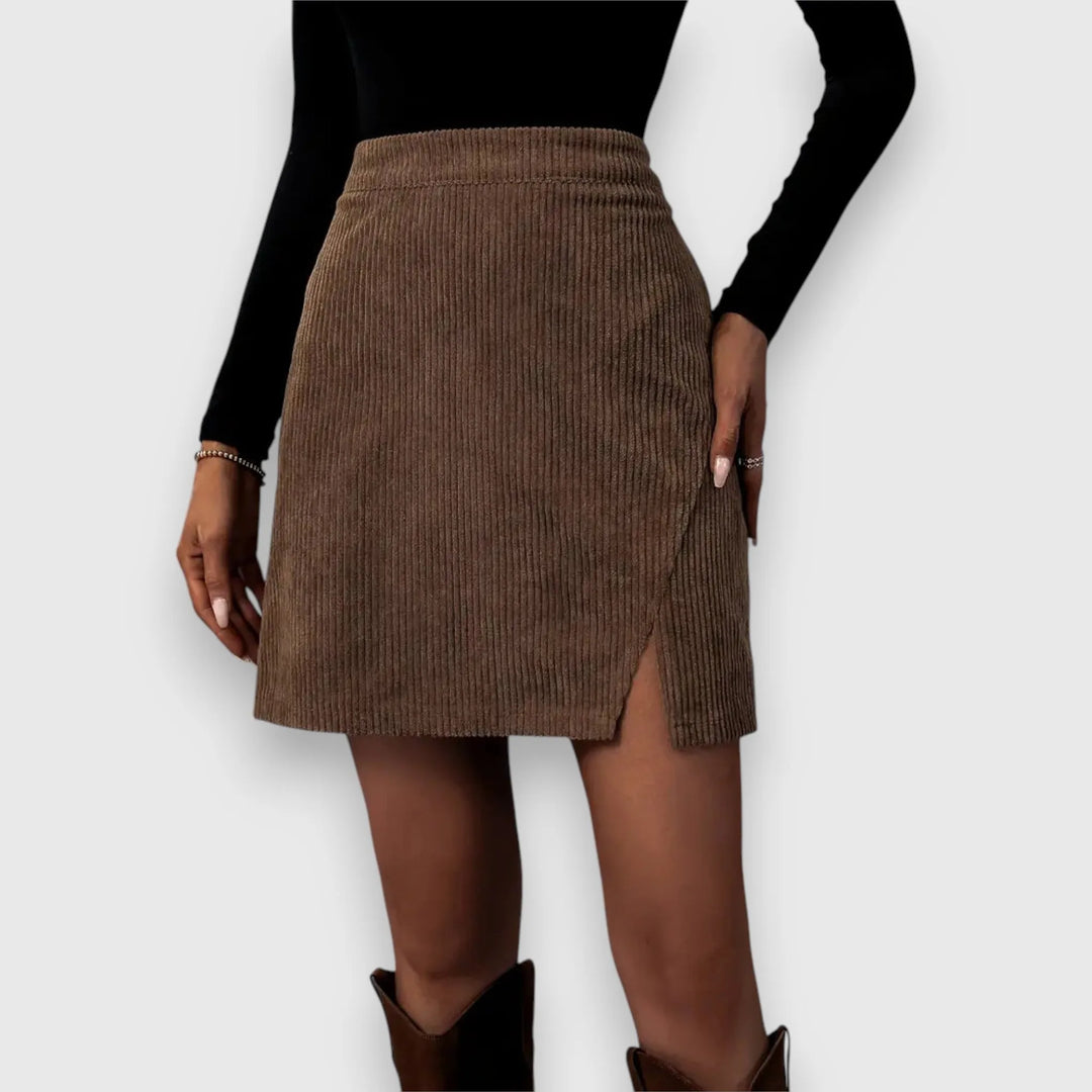 Women's corduroy side zip mini winter skirt with slit