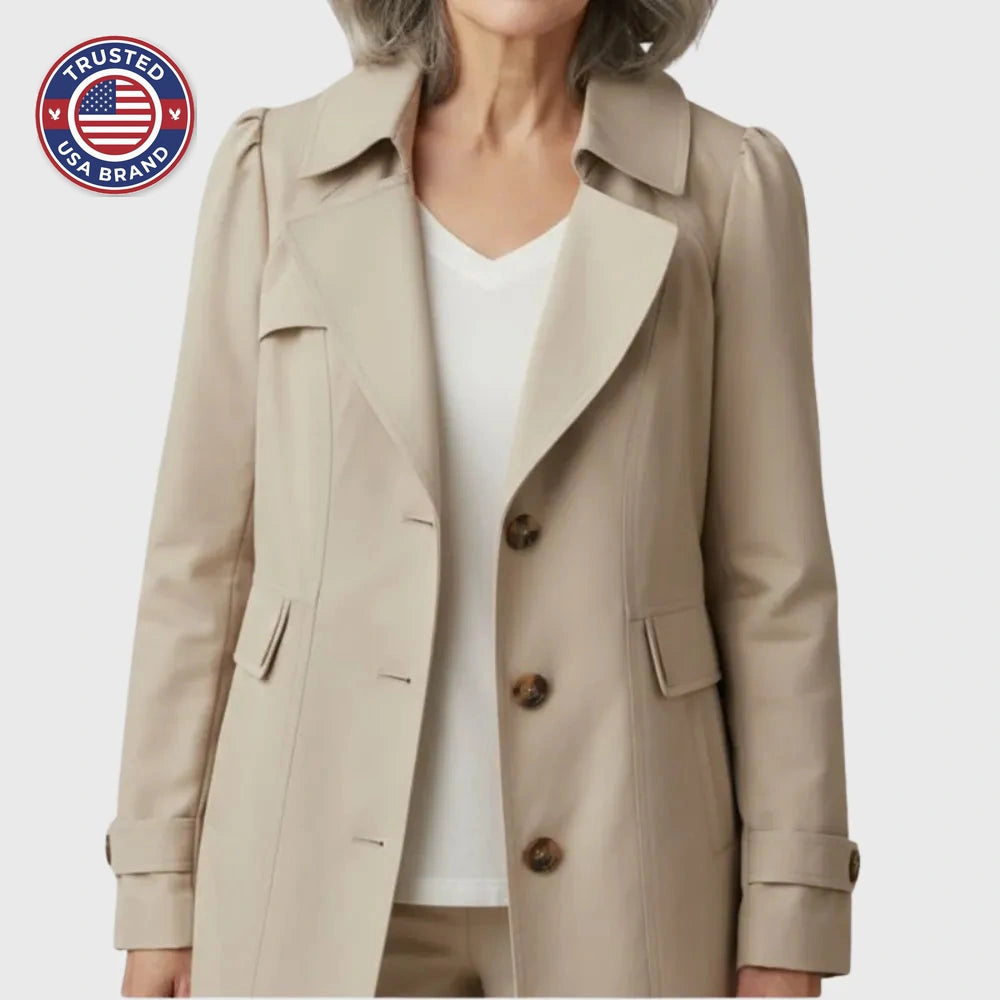 Women's cotton button-front notch lapel winter trench coat