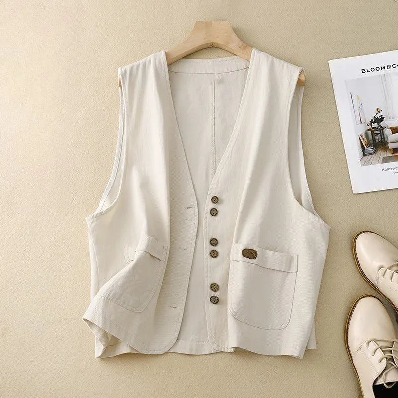 Women's cotton button-front v-neck winter cropped jacket with patch pockets