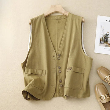 Women's cotton button-front v-neck winter cropped jacket with patch pockets