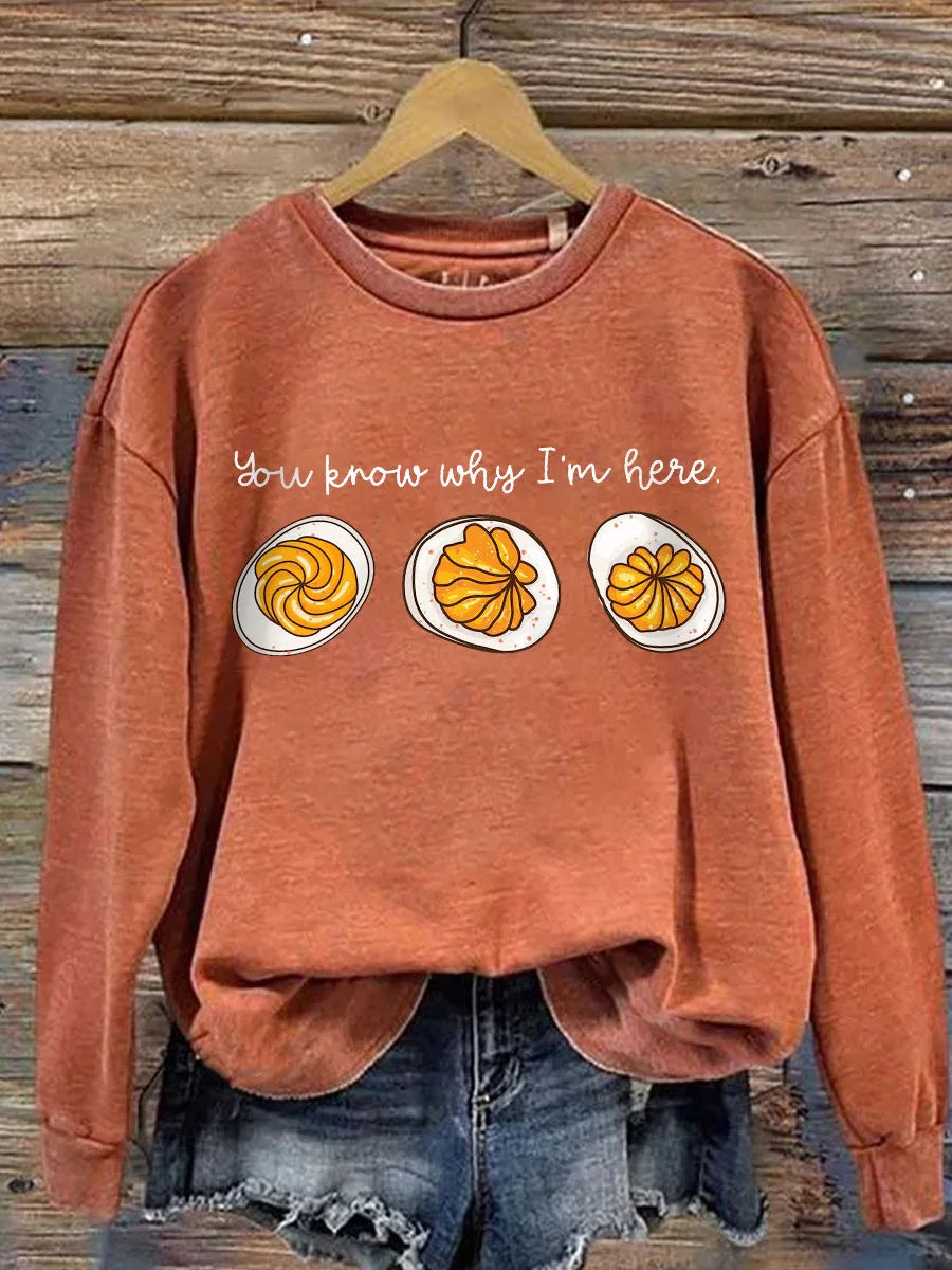 Women's cotton crew neck winter sweatshirt with deviled egg graphic print