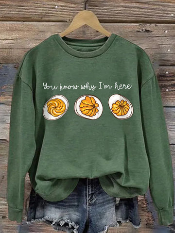 Women's cotton crew neck winter sweatshirt with deviled egg graphic print