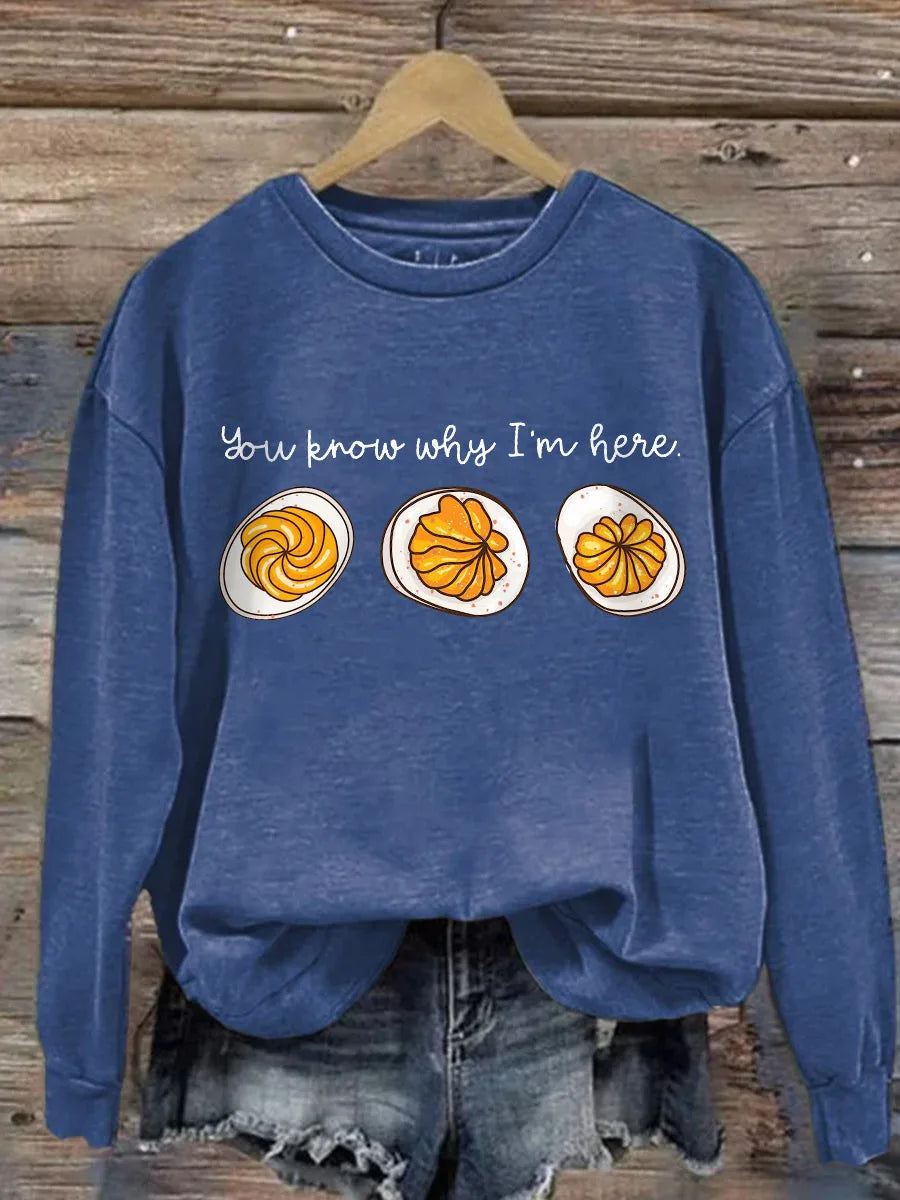 Women's cotton crew neck winter sweatshirt with deviled egg graphic print