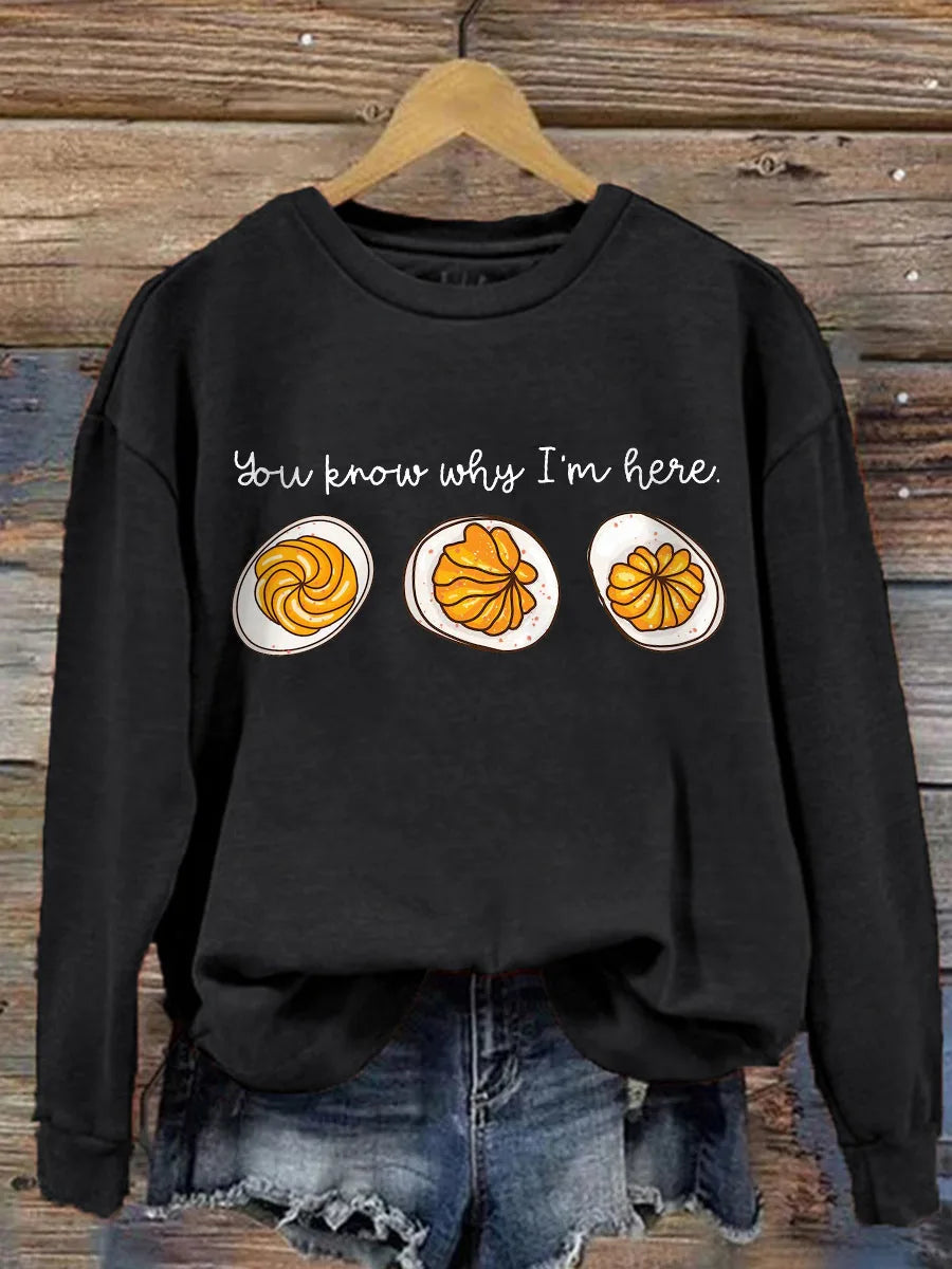 Women's cotton crew neck winter sweatshirt with deviled egg graphic print